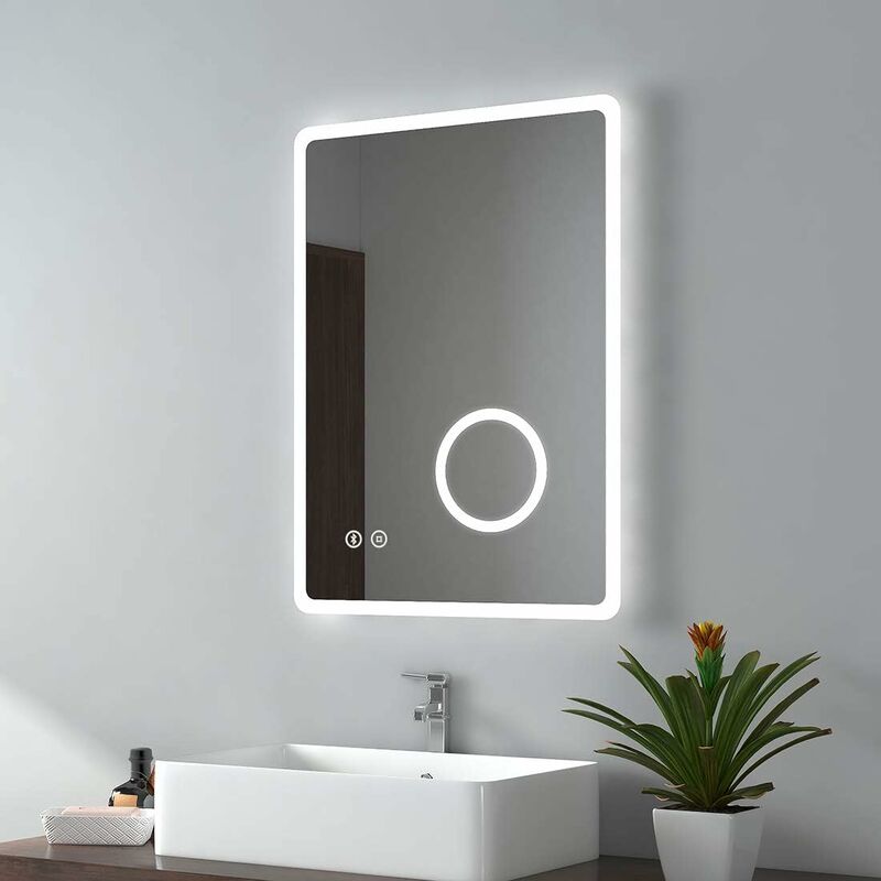 Led Bathroom Mirror Illuminated Wall Bluetooth Mirror Touch Switch, Demister Pad, Shaver Socket, 3X Magnifying Mirror, Vertical, 500x700mm - Emke