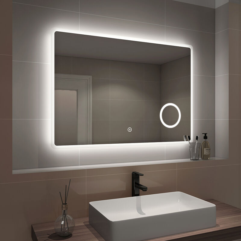 Led Bathroom Mirror Illuminated Wall Mirror Touch Switch + Demister Pad + Shaver Socket + 3X Magnifying Mirror, 1000 x 700mm, Horizontal - Emke