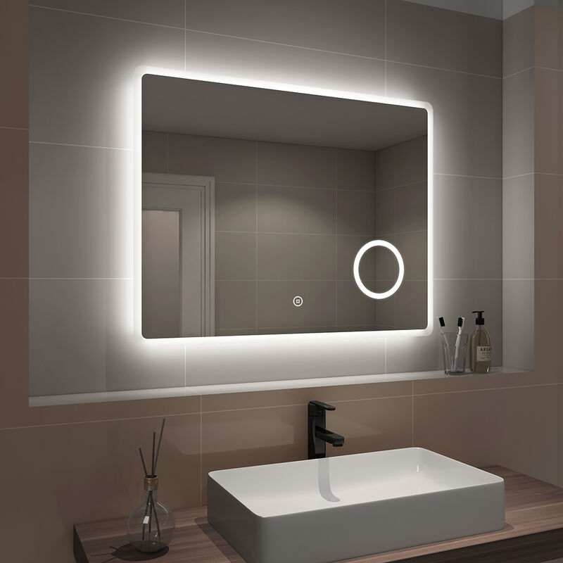 Led Bathroom Mirror Illuminated Wall Mirror Touch Switch + Demister Pad + Shaver Socket + 3X Magnifying Mirror, 900 x 700mm, Horizontal - Emke