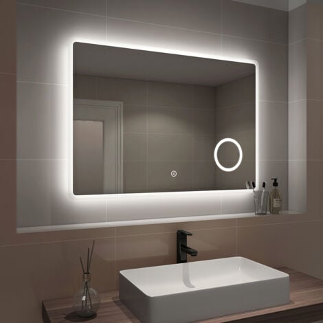 EMKE LED Bathroom Mirror Illuminated Wall Mirror Touch Switch + Demister Pad + Shaver Socket + 3X Magnifying Mirror, 1000 x 700mm, Horizontal