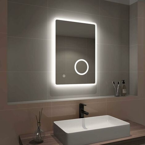 EMKE LED Bathroom Mirror Illuminated Wall Mirror Touch Switch + Demister Pad + Shaver Socket + 3X Magnifying Mirror, 500 x 700mm, Vertical