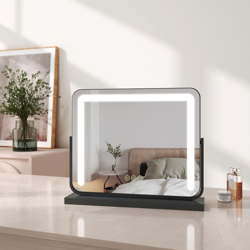 Led Hollywood Miroir de Maquillage avec Interrupteur Tactile Dimmable 3 Couleurs claires Rotatif à 360°, Noir 500 x 416 mm - Emke