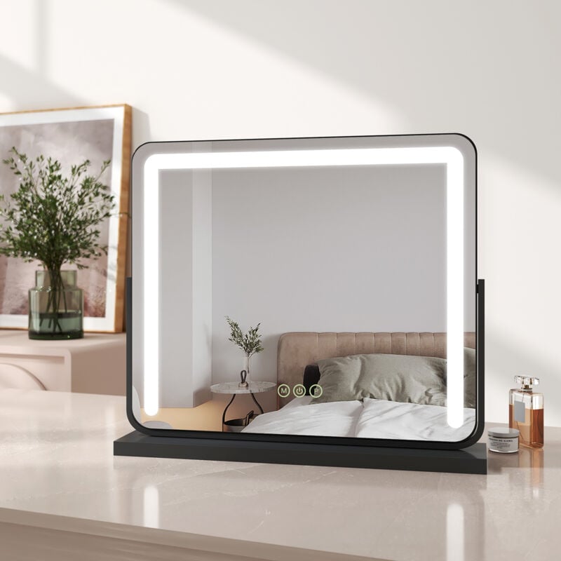 Led Hollywood Miroir de Maquillage avec Interrupteur Tactile Dimmable 3 Couleurs claires Rotatif à 360°, Noir 600 x 516 mm - Emke