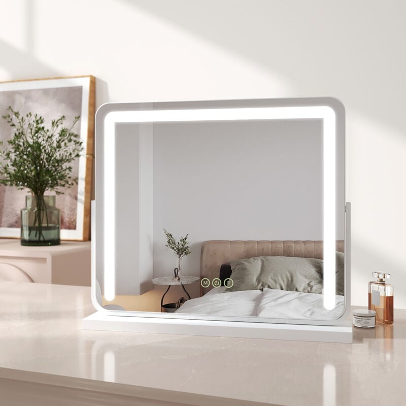 Led Hollywood Miroir de Maquillage avec Interrupteur Tactile Dimmable 3 Couleurs claires Rotatif à 360°, Blanc 600 x 516 mm - Emke