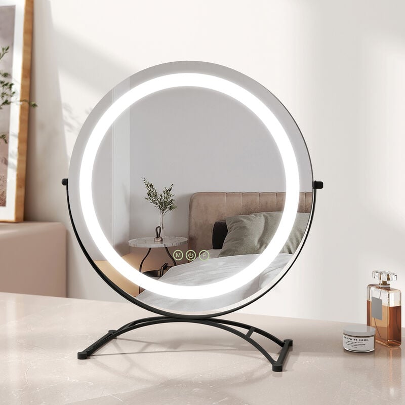 Led Hollywood Miroir de Maquillage Rond avec Interrupteur Tactile Dimmable 3 Couleurs claires 360° Rotatif, Noir Diamètre 40cm - Emke