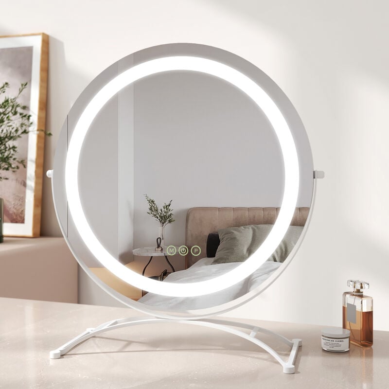 Led Hollywood Miroir de Maquillage Rond avec Interrupteur Tactile Dimmable 3 Couleurs claires 360° Rotatif, Blanc Diamètre 50cm - Emke