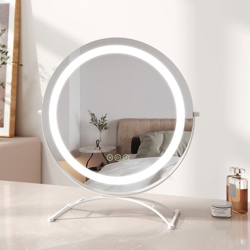 Led Hollywood Miroir de Maquillage Rond avec Interrupteur Tactile Dimmable 3 Couleurs claires 360° Rotatif, Blanc Diamètre 40cm - Emke