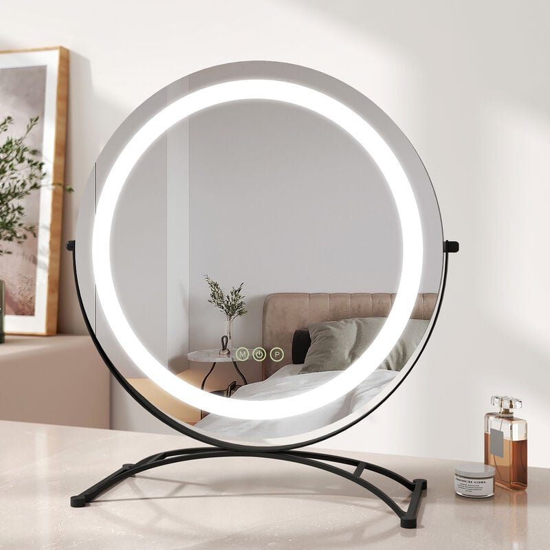 Led Hollywood Miroir de Maquillage Rond avec Interrupteur Tactile Dimmable 3 Couleurs claires 360° Rotatif, Noir Diamètre 50cm - Emke