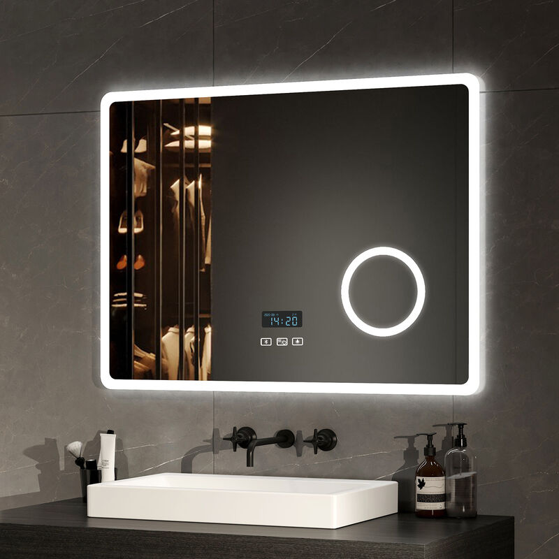 Led Illuminated Bathroom Mirror with Bluetooth,Demister and Magnification, 800x600 mm Wall Mounted Touch Sensor Dimmable Bathroom Mirror - Emke