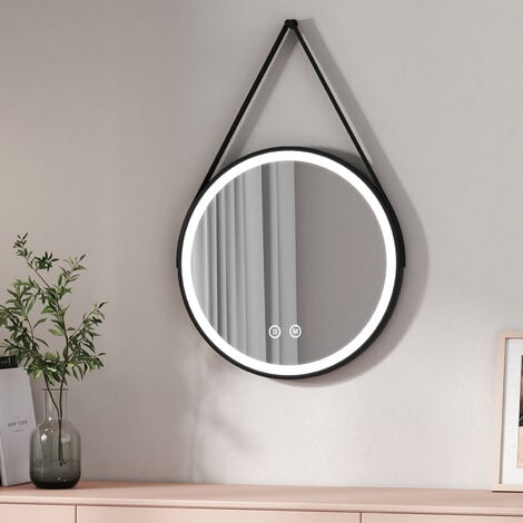 EMKE LED Miroir de salle de bain rond cadre noir avec bandoulière réglable Interrupteur tactile