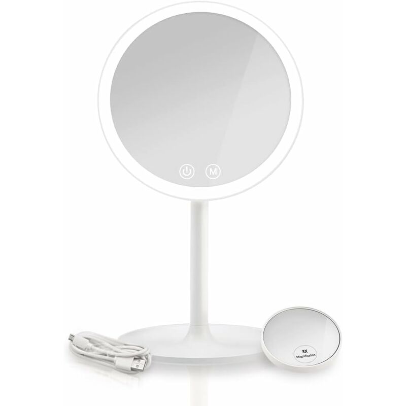 Makeup Mirror with LED Light - 1X / 3X Magnifying Portable Daylight Travel Vanity Mirror, 90°Rotating Dressing Tabletop Mirror with 3 Light Colors &