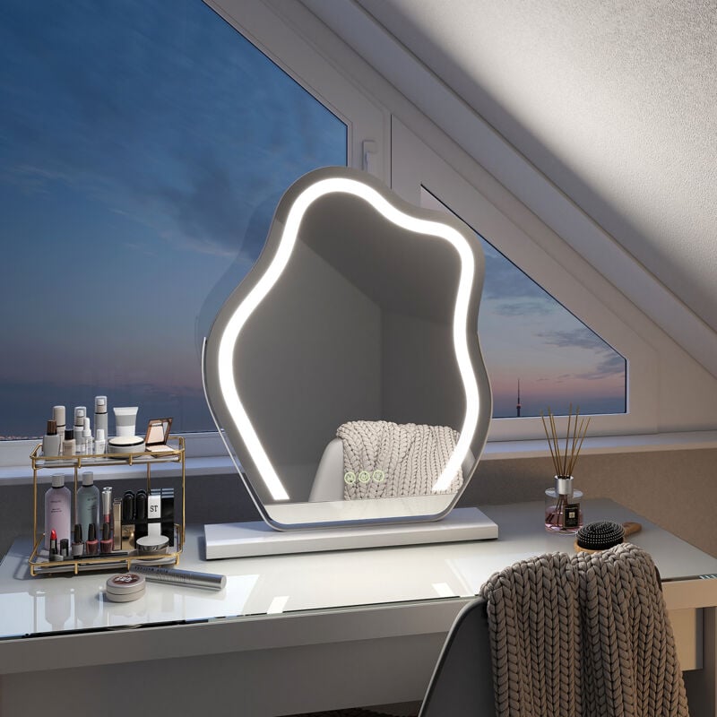 Miroir de maquillage avec led Miroir de maquillage irrégulier Design moderne Interrupteur tactile 3 couleurs Dimmable Rotation à 360° - Cadre Blanc