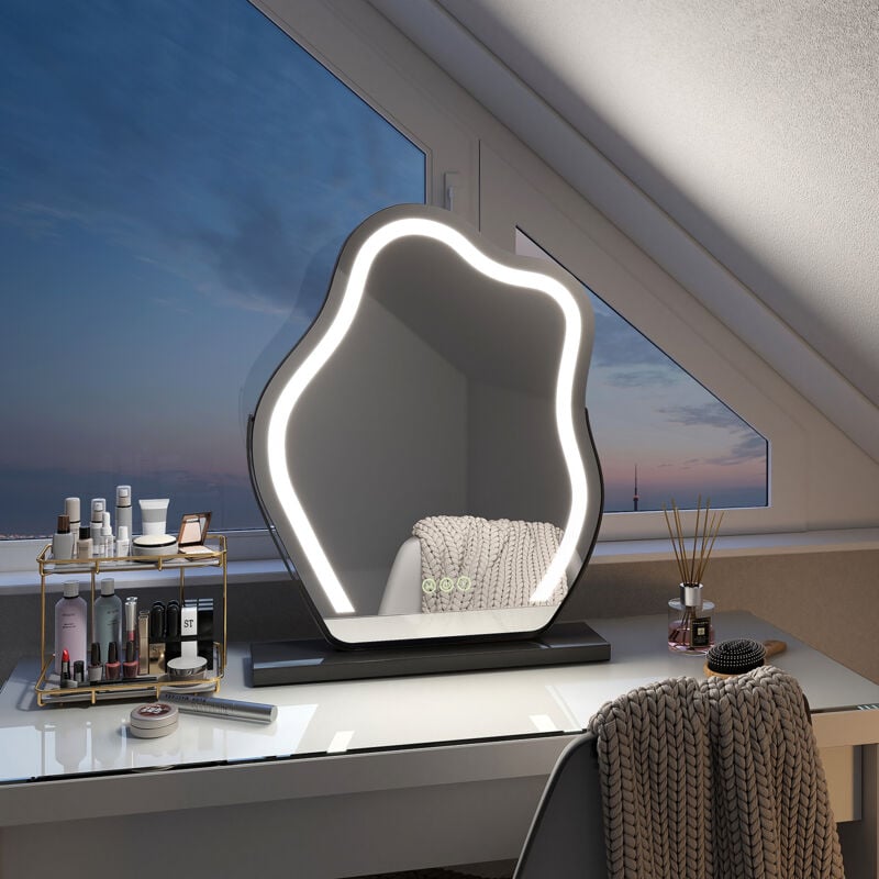 Miroir de maquillage avec led Miroir de maquillage irrégulier Design moderne Interrupteur tactile 3 couleurs Dimmable Rotation à 360° - Cadre Noir 58