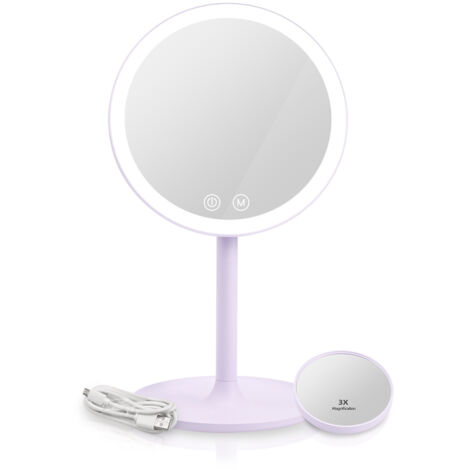 EMKE Miroir de Maquillage Éclairé, Grossissement 1X/3X, 3 Modes de Lumière, Tactile, Socle Réglable, violet clair