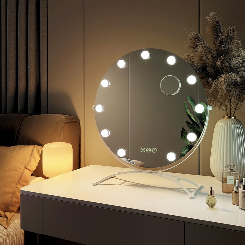 Miroir de maquillage Hollywood avec Ampoules led Miroir grossissant Interrupteur tactile 3 couleurs dimmable Rotation à 360° - Cadre Blanc 58 x 50 cm