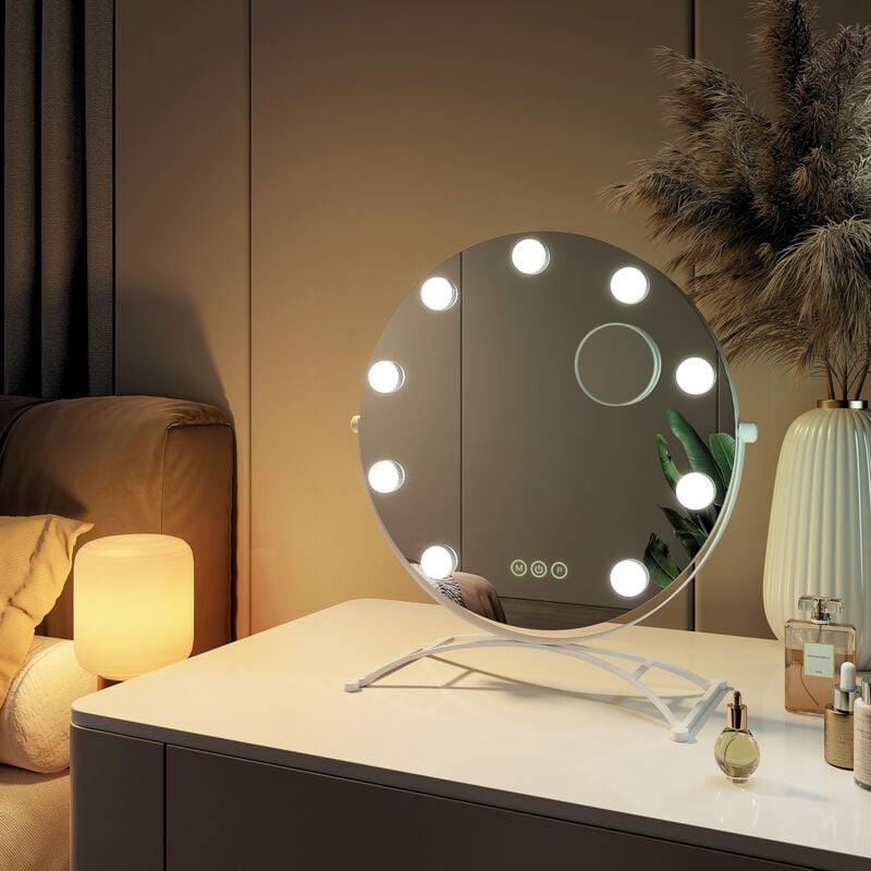 Miroir de maquillage Hollywood avec Ampoules led Miroir grossissant Interrupteur tactile 3 couleurs dimmable Rotation à 360° - Cadre Blanc 47 x 40 cm