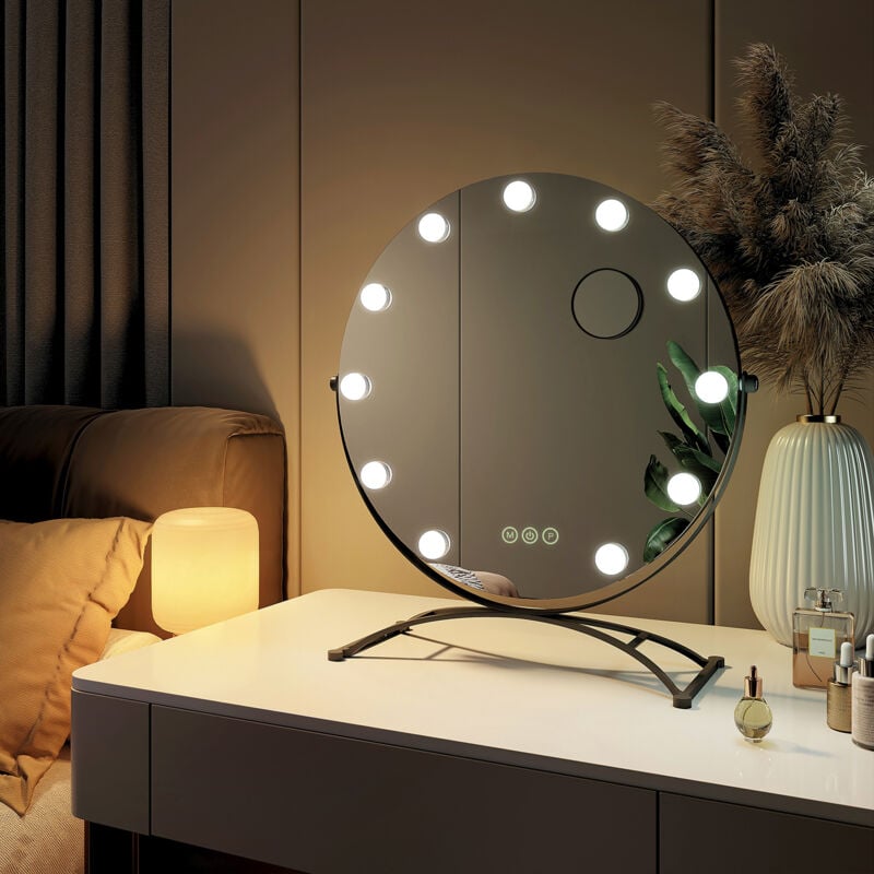 Miroir de maquillage Hollywood avec Ampoules led Miroir grossissant Interrupteur tactile 3 couleurs dimmable Rotation à 360° - Cadre Noir 58 x 50 cm