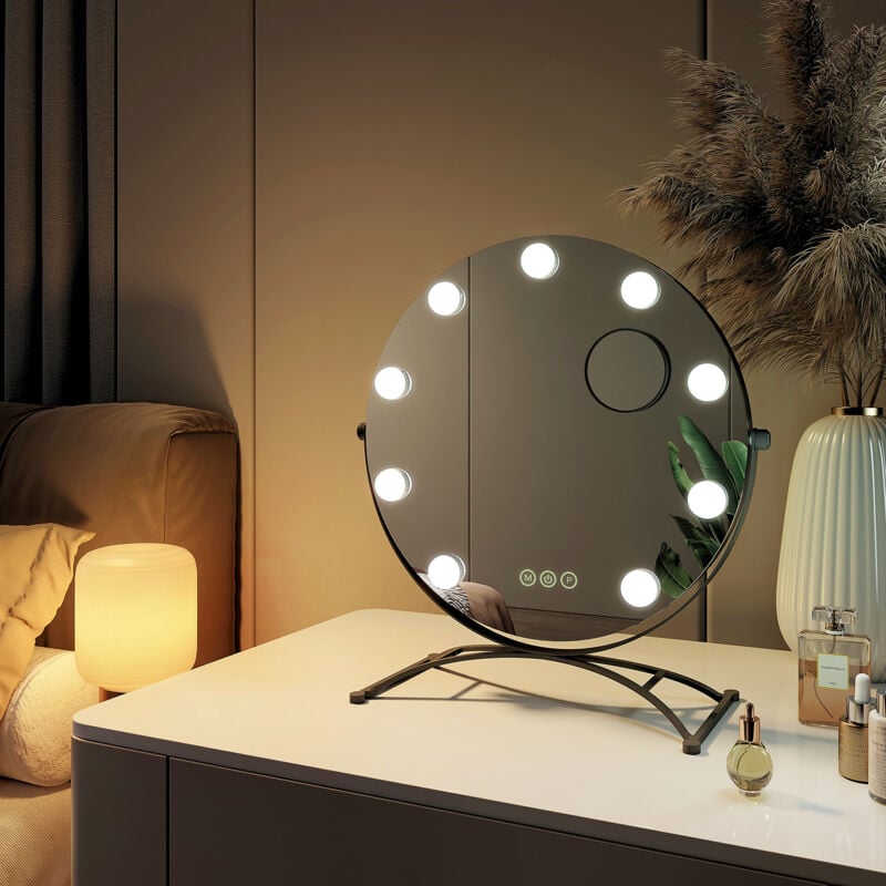 Miroir de maquillage Hollywood avec Ampoules led Miroir grossissant Interrupteur tactile 3 couleurs dimmable Rotation à 360° - Cadre Noir 47 x 40 cm