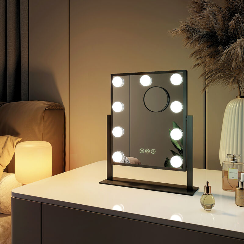 Miroir de maquillage Hollywood Miroir grossissant 7x avec Ampoules led Interrupteur tactile 3 couleurs dimmable Rotation - Cadre Noir 25 x 30 cm