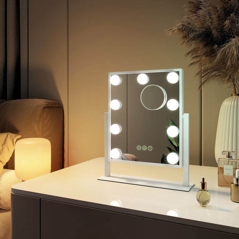 Miroir de maquillage Hollywood Miroir grossissant 7x avec Ampoules led Interrupteur tactile 3 couleurs dimmable Rotation - Cadre Blanc 25 x 30 cm