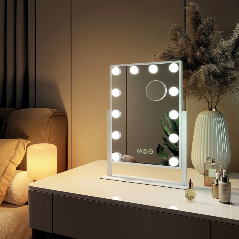 Miroir de maquillage Hollywood Miroir grossissant 7x avec Ampoules led Interrupteur tactile 3 couleurs dimmable Rotation - Cadre Blanc 30 x 41 cm