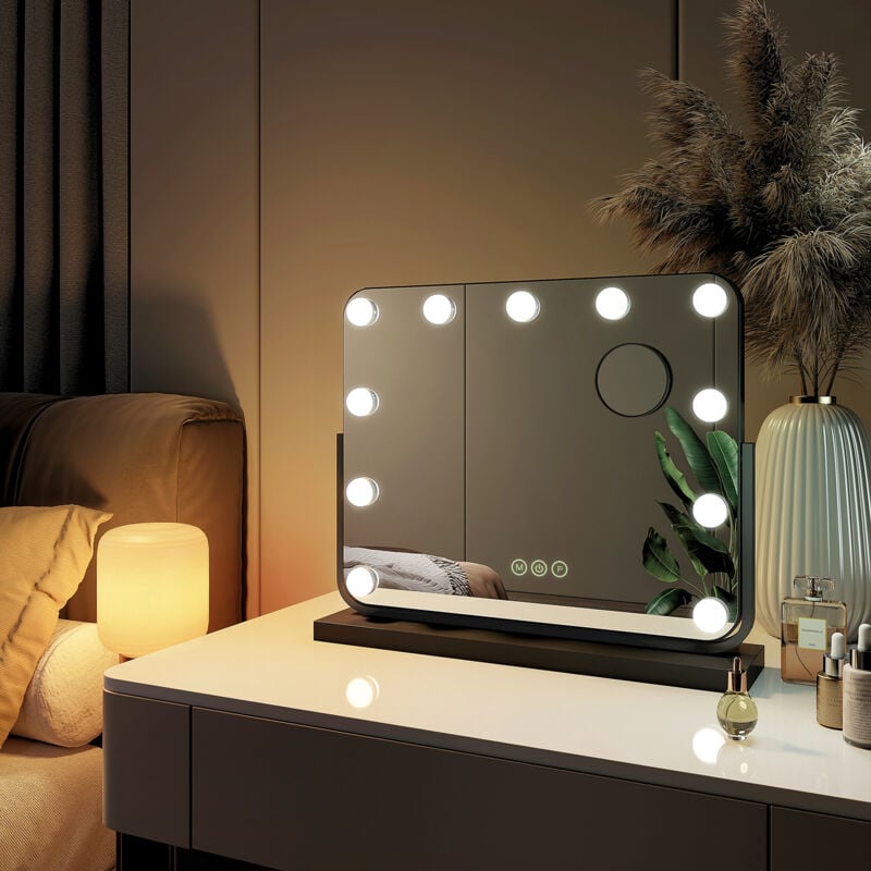Emke - Miroir de maquillage Hollywood Miroir grossissant avec Ampoules led Interrupteur tactile 3 couleurs dimmable Rotation à 360° - Cadre Noir 47 x