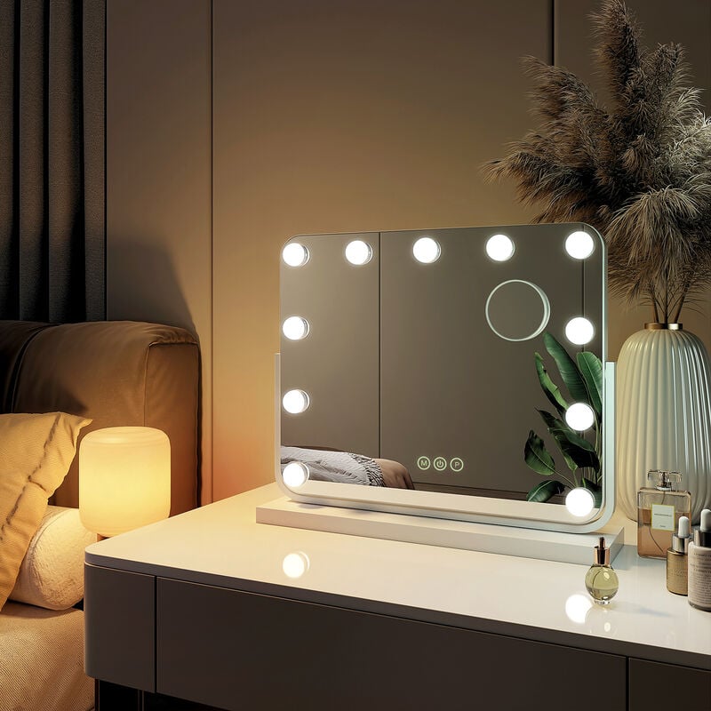 Emke - Miroir de maquillage Hollywood Miroir grossissant avec Ampoules led Interrupteur tactile 3 couleurs dimmable Rotation à 360° - Cadre Blanc 47