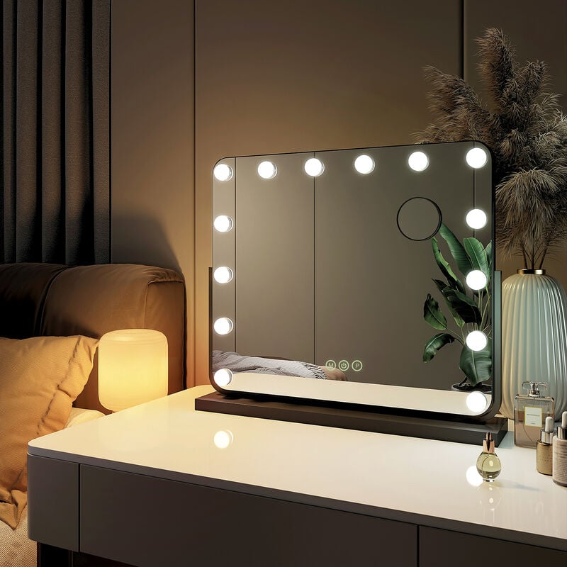 Emke - Miroir de maquillage Hollywood Miroir grossissant avec Ampoules led Interrupteur tactile 3 couleurs dimmable Rotation à 360° - Cadre Noir 57 x