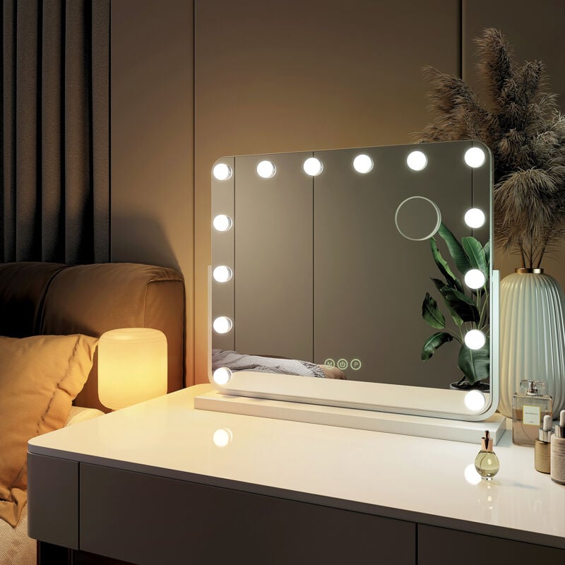 Emke - Miroir de maquillage Hollywood Miroir grossissant avec Ampoules led Interrupteur tactile 3 couleurs dimmable Rotation à 360° - Cadre Blanc 57