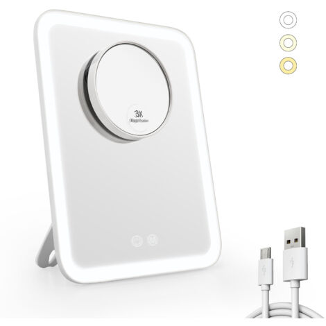 EMKE Miroir de Maquillage Lumineux Portable, 18.1x23.2cm, 3 Lighting Effects, Miroir Lumineux Dimmable Miroir LED Blanc