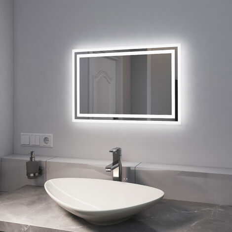 EMKE Miroir de salle de bain 60x40cm, Miroir LED avec Interrupteur à bouton, Anti-buée, Miroir avec éclairage lumière Blanche Froide/Chaude