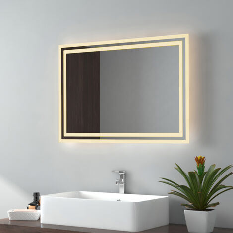 EMKE Miroir de salle de bain 70x50cm, Miroir LED avec Interrupteur à bouton, Anti-buée, Miroir avec éclairage lumière Blanche Froide/Chaude