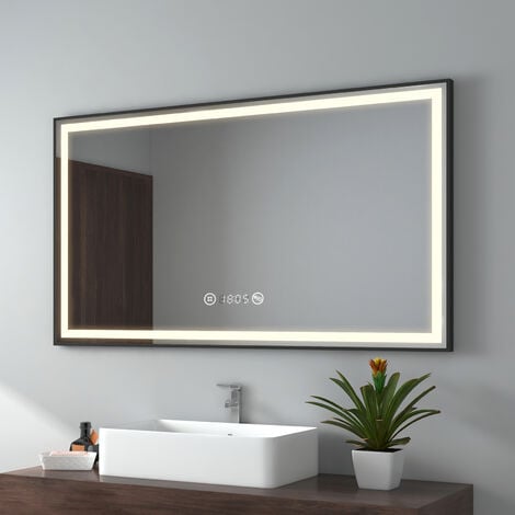 EMKE Miroir de salle de bain LED Cadre noir avec Interrupteur Tactile, Anti-buée, Horloge, Température, Dimmable, Fonction Mémoire, Lumière neutre
