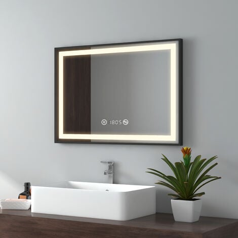 EMKE Miroir de salle de bain LED Cadre noir avec Interrupteur Tactile, Anti-buée, Horloge, Température, Dimmable, Fonction Mémoire, Lumière neutre