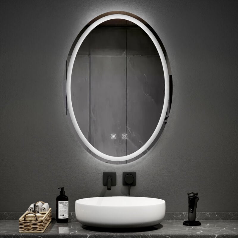 Emke - Miroir de salle de bain lumineux 60x80cm Miroir ovale led avec 3 couleurs de lumière dimmable, anti-buée, fonction mémoire, horizontal/vertical