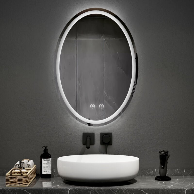 Emke - Miroir de salle de bain lumineux 50x70cm Miroir ovale led avec 3 couleurs de lumière dimmable, anti-buée, fonction mémoire, horizontal/vertical