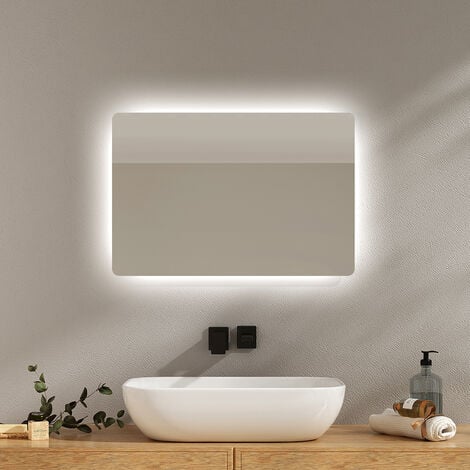 EMKE Miroir de salle de bain Rétro-éclairé avec Interrupteur à bouton, Anti-buée, deux couleurs claires 60x50 cm Lumière Blanche Froide/Chaude