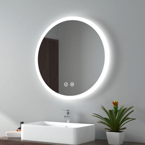 EMKE Miroir de salle de bain rond avec Interrupteur tactile, Anti-buée, Fonction mémoire  70cm diamètre Lumière chaud / Blanc froid / Neutre