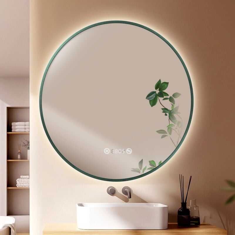 Emke - Miroir de salle de bains rond avec éclairage, 80cm, bordure vert foncé, dimmable, anti-buée, horloge, affichage de la température, Miroir de