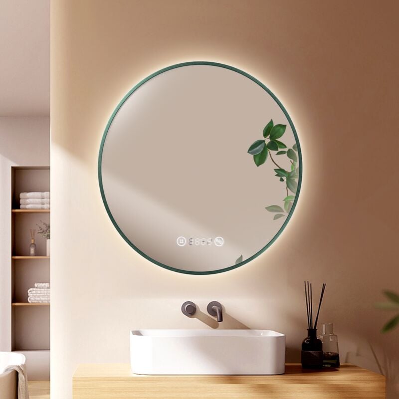 Emke - Miroir de salle de bains rond avec éclairage, 60cm, bordure vert foncé, dimmable, anti-buée, horloge, affichage de la température, Miroir de