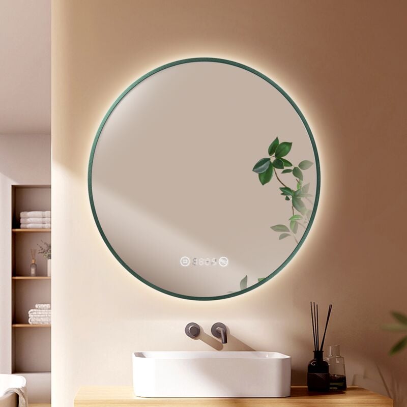 Emke - Miroir de salle de bains rond avec éclairage, 70cm, bordure vert foncé, dimmable, anti-buée, horloge, affichage de la température, Miroir de