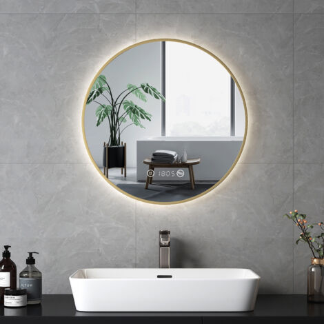 Emke – Miroir lumineux de salle de bain 60cm – Interrupteur tactile – Anti-buée – Horloge et température – Éclairage dimmable 4300K