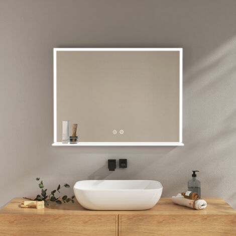 Emke – Miroir lumineux de salle de bain 80x60cm – Interrupteur tactile – Lumière blanche froide – Anti-buée – IP44 résistant à l'eau