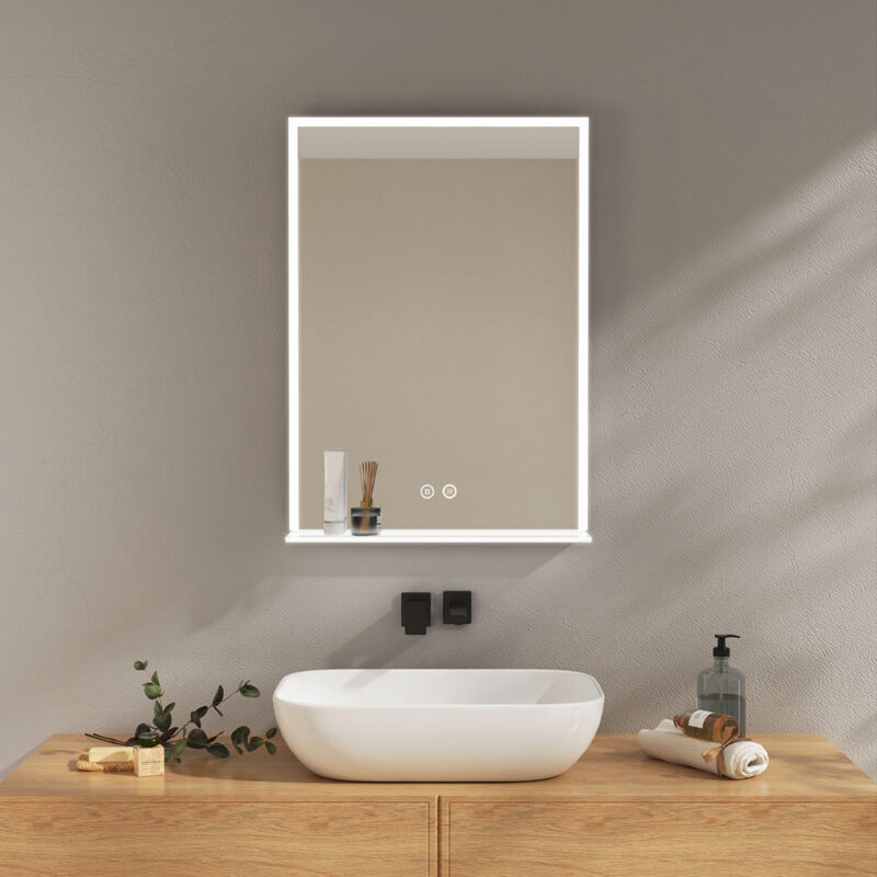 Emke - Miroir lumineux de salle de bain avec verre Étagère, Interrupteur Tactile Anti-buée, Lumière Blanche Froide 50x70cm