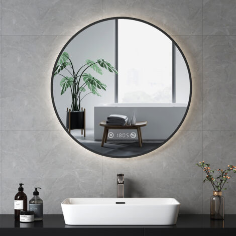 Emke – Miroir lumineux de salle de bain 80cm – Interrupteur tactile – Anti-buée – Horloge et thermomètre – Lumière neutre 4300K