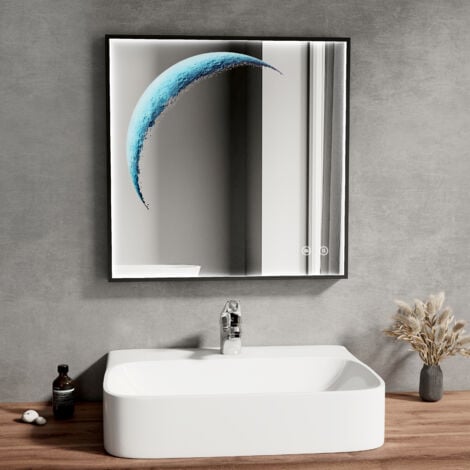 EMKE Miroir lumineux de salle de bain Miroir LED avec Cadre noir, Design décoratif lune, Interrupteur tactile, Anti-buée, 6500K Dimmable, 60x50 cm