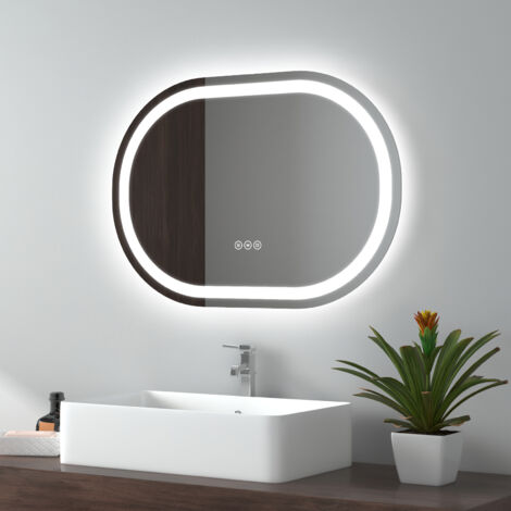 Emke – Miroir lumineux de salle de bain ovale 70 x 50 cm – Interrupteur tactile – Anti-buée – Dimmable – 3 couleurs de lumière – Fonction mémoire