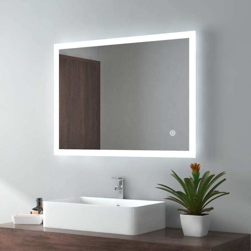 Miroir lumineux de salle de bain rectangle avec Interrupteur Tactile, Lumière Blanche Froide 80x60cm - Emke