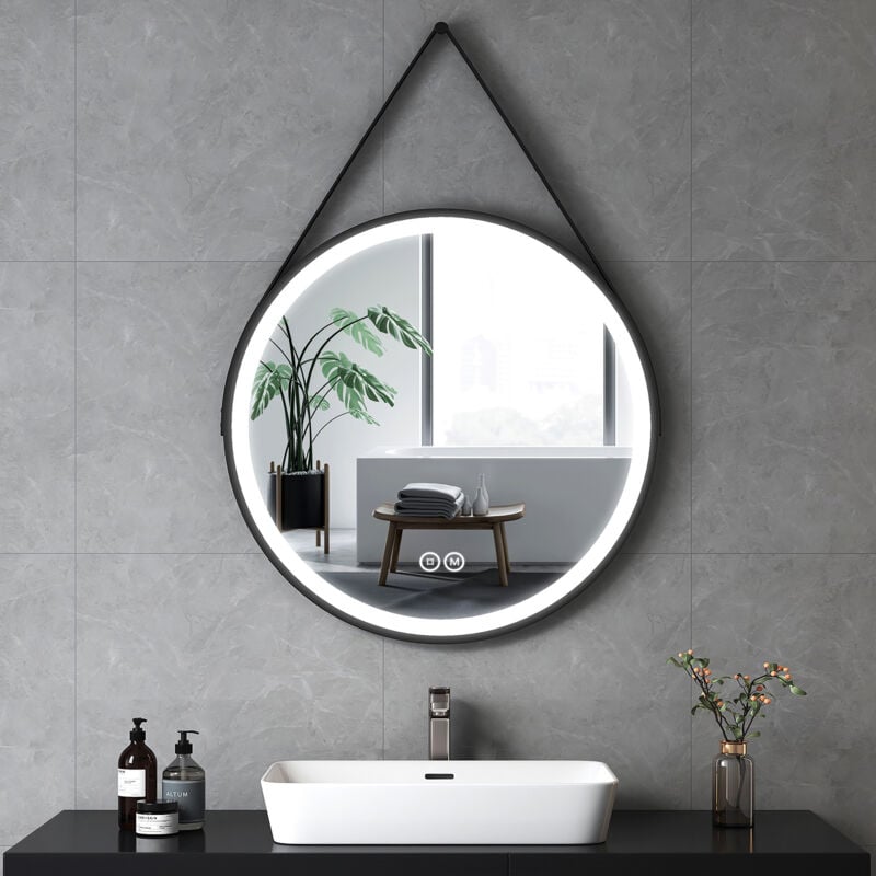Emke - Miroir lumineux de salle de bain rond avec Interrupteur Tactile, 3 Couleurs de lumière Variable, Cadre Noir et bandoulière réglable Diamètre