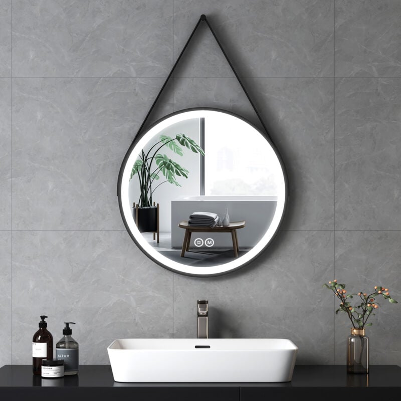 Emke - Miroir lumineux de salle de bain rond avec Interrupteur Tactile, 3 Couleurs de lumière Variable, Cadre Noir et bandoulière réglable Diamètre